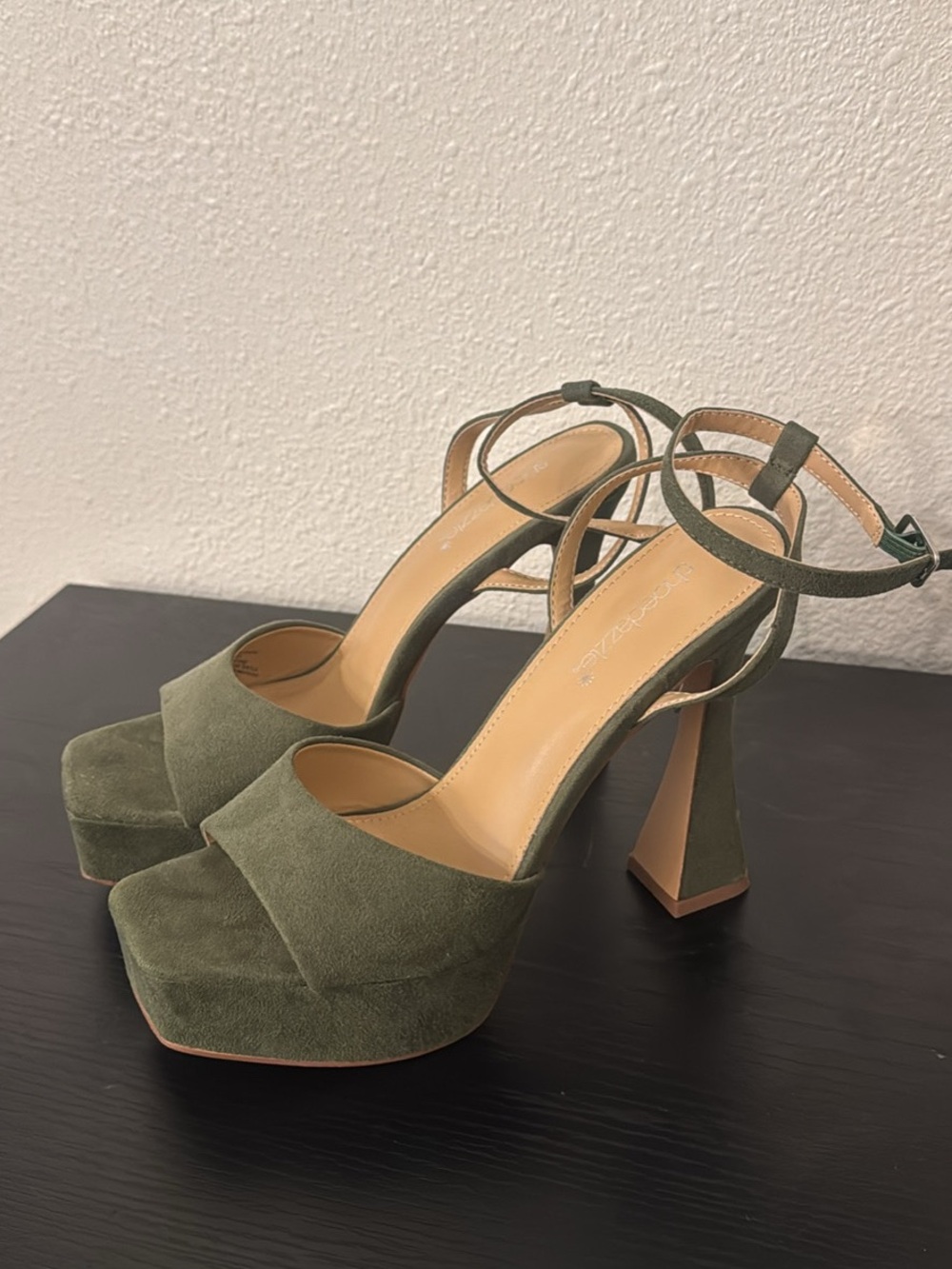 Olive Green Suede Platform Ankle-Strap Heels